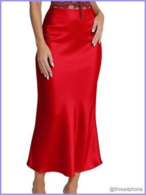 Women's Satin Midi Skirt High Waist Silk Elegant Cocktail Party Skirt